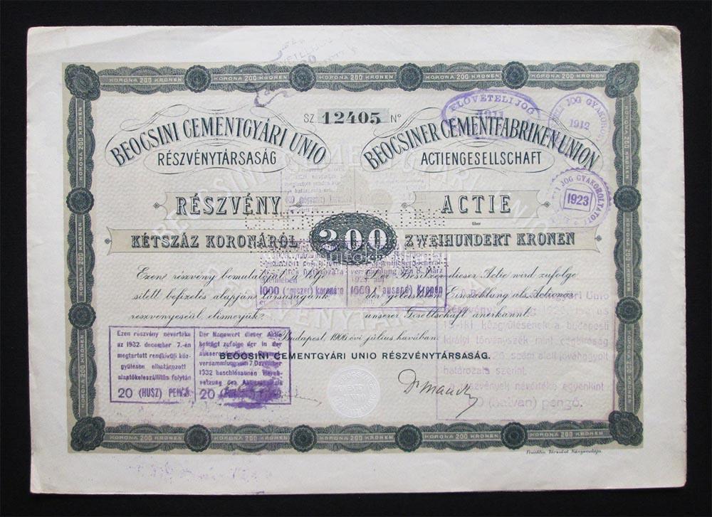 Beocsini Cementgyári Unió részvény 200 korona 1906 (SRB)